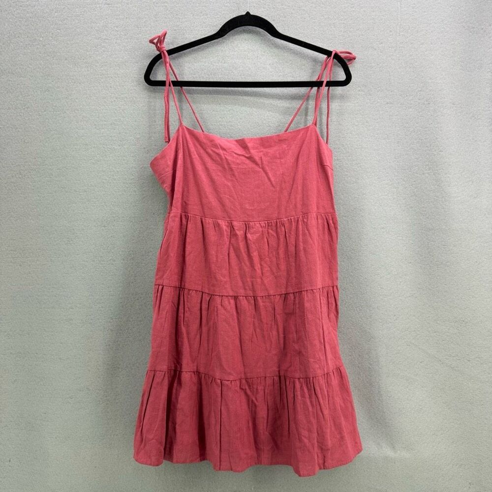 Abercrombie & Fitch Womens Pink Linen Blend Tie Strap Tiered Mini Dress Large